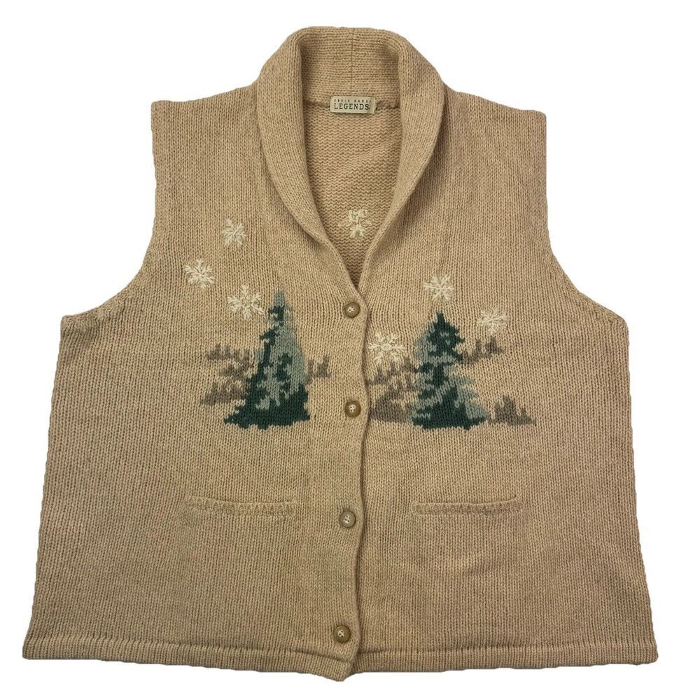 Vintage Eddie Bauer Wool Vest 3X Cabin Ski Ice Skating Scene Tan Sweater